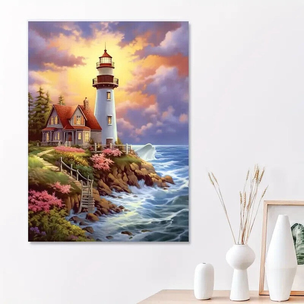 Lighthouse Overlooking The Ocean Vibrant Canvas Print Framed 12" x 16" Home & Garden:Home Décor:Posters & Prints Style Your Walls